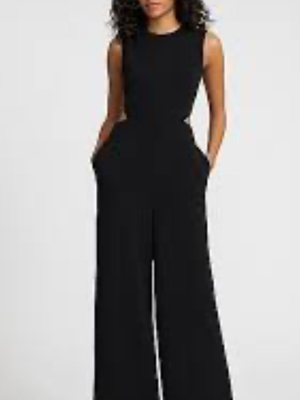 black Express crew neck cutout sides of waist wide leg jumpsuit w/pockets - Picture 3 of 5